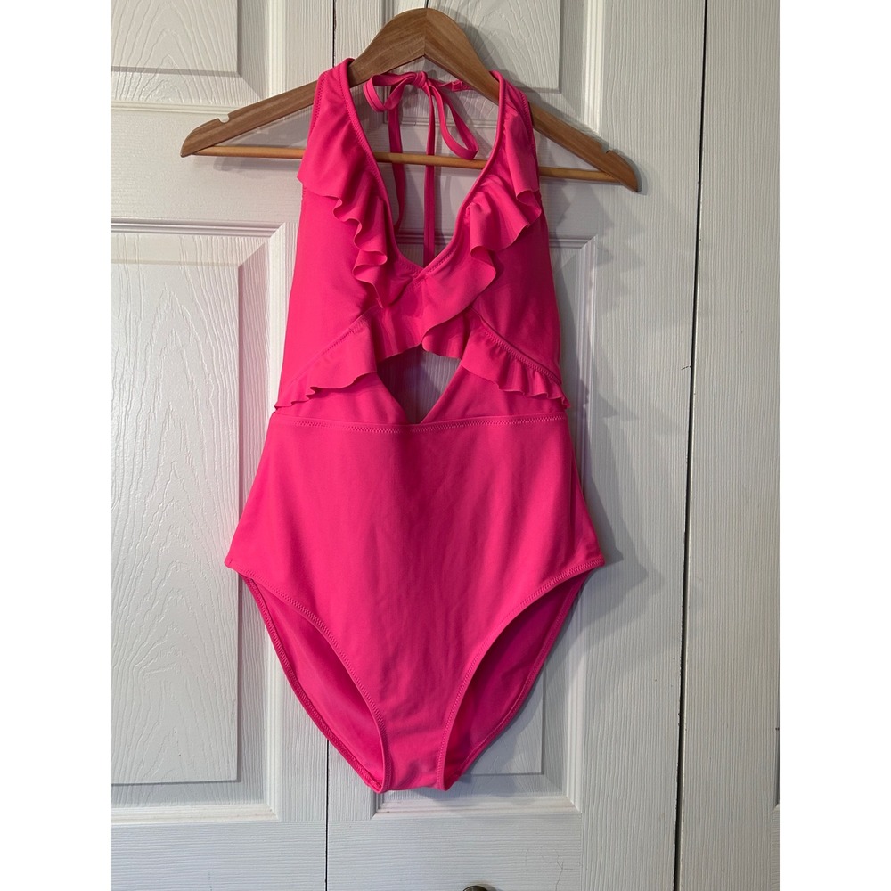 Aerie Hot Pink Ruffle Cutout One Piece Swimsuit Long Size L